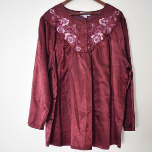Only Necessities silk long sleeve night shirt with embroidered flowers & leaves